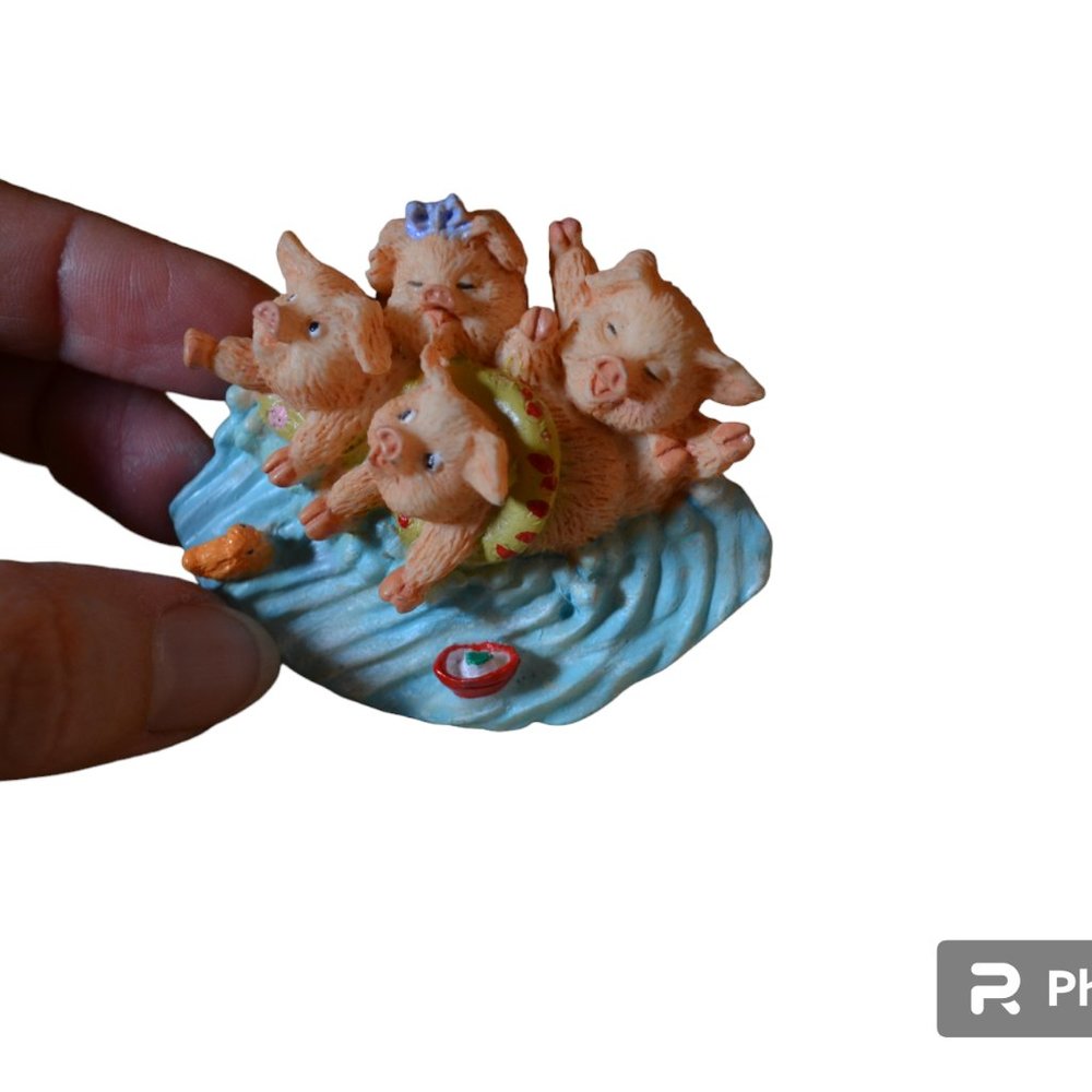 Magnet 4 piglets on water slide Ceramic Clay Blue&Tan  2.5' x 2'